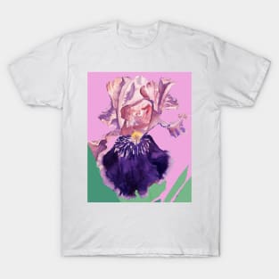 Iris Watercolor Painting - Glorious Purple on Rose Pink T-Shirt